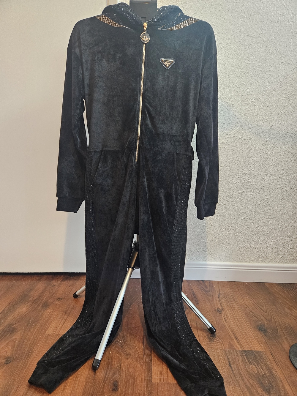 Black Velvet Hooded Jumpsuit with Gold Trim